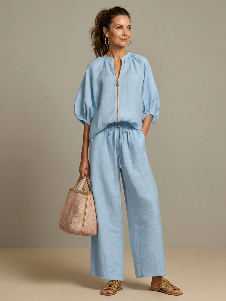Natalia | Bluzka z zamkiem z przodu i szerokimi nogawkami