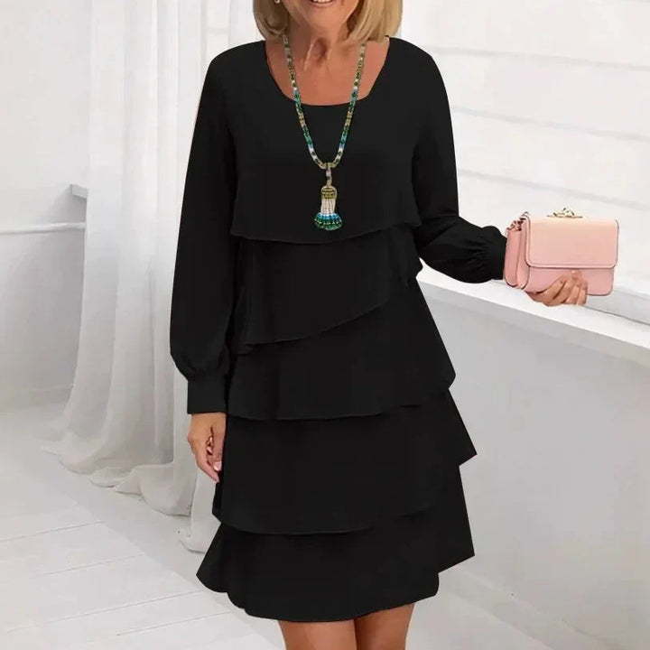 Margaret | Elegancka Sukienka z Falbanami z Długim Rękawem