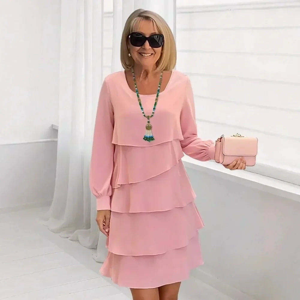 Margaret | Elegancka Sukienka z Falbanami z Długim Rękawem
