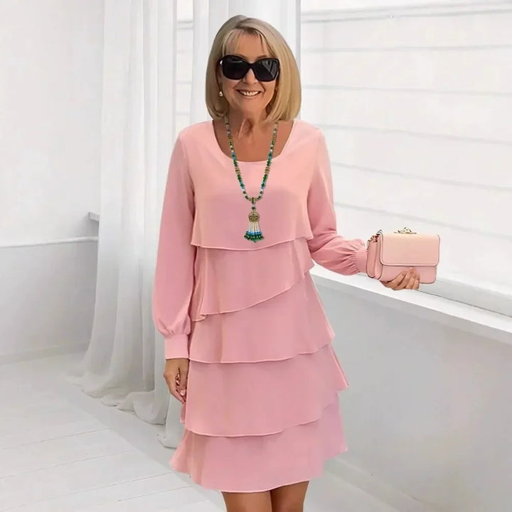 Margaret | Elegancka Sukienka z Falbanami z Długim Rękawem