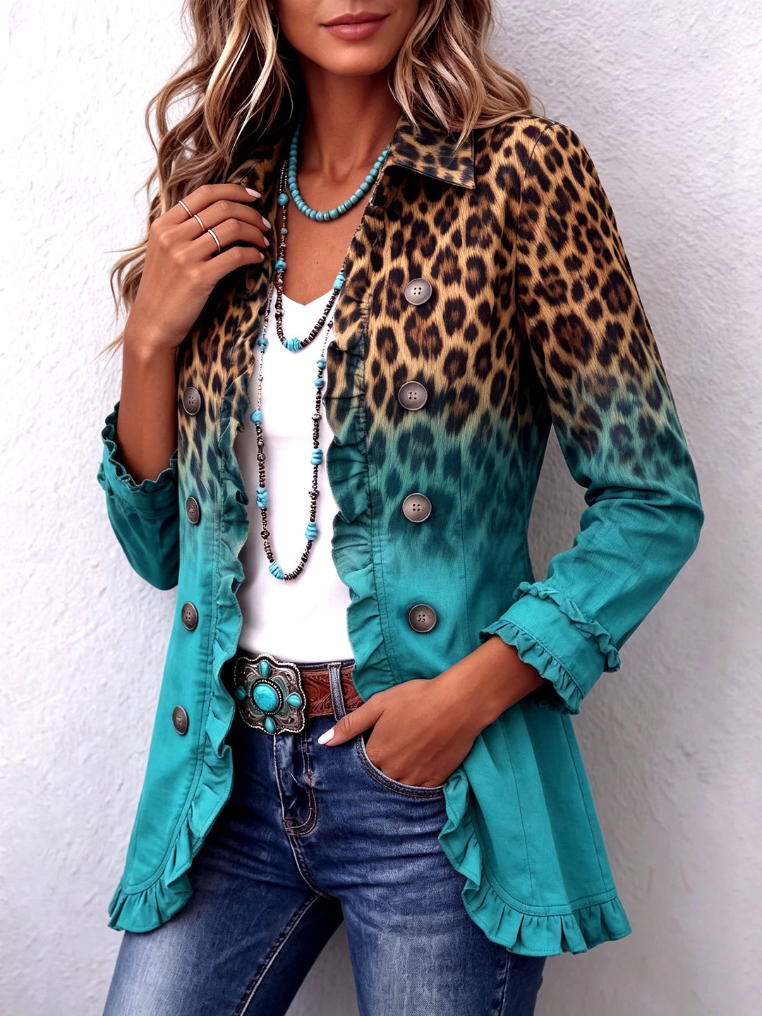 Elspeth™ | Żakiet z falbanami w ombre z leopardem